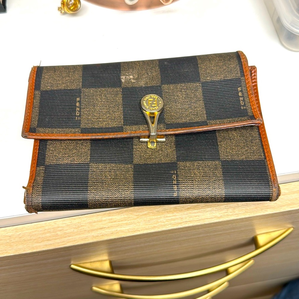 Fendi Checkered Clutch with Gold Clasp